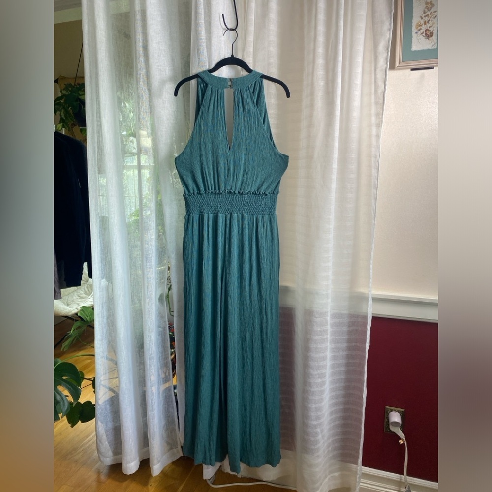 Anthropologie Bionda Plisse Wide Leg Jumpsuit Size XL Turquoise - Picture 5 of 13